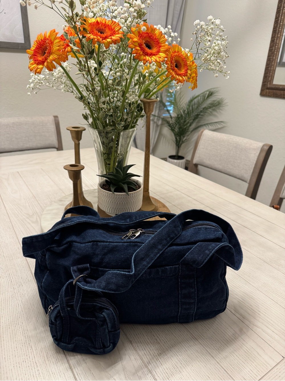 Dark Blue Denim Shoulder Bag with small removable Pouch